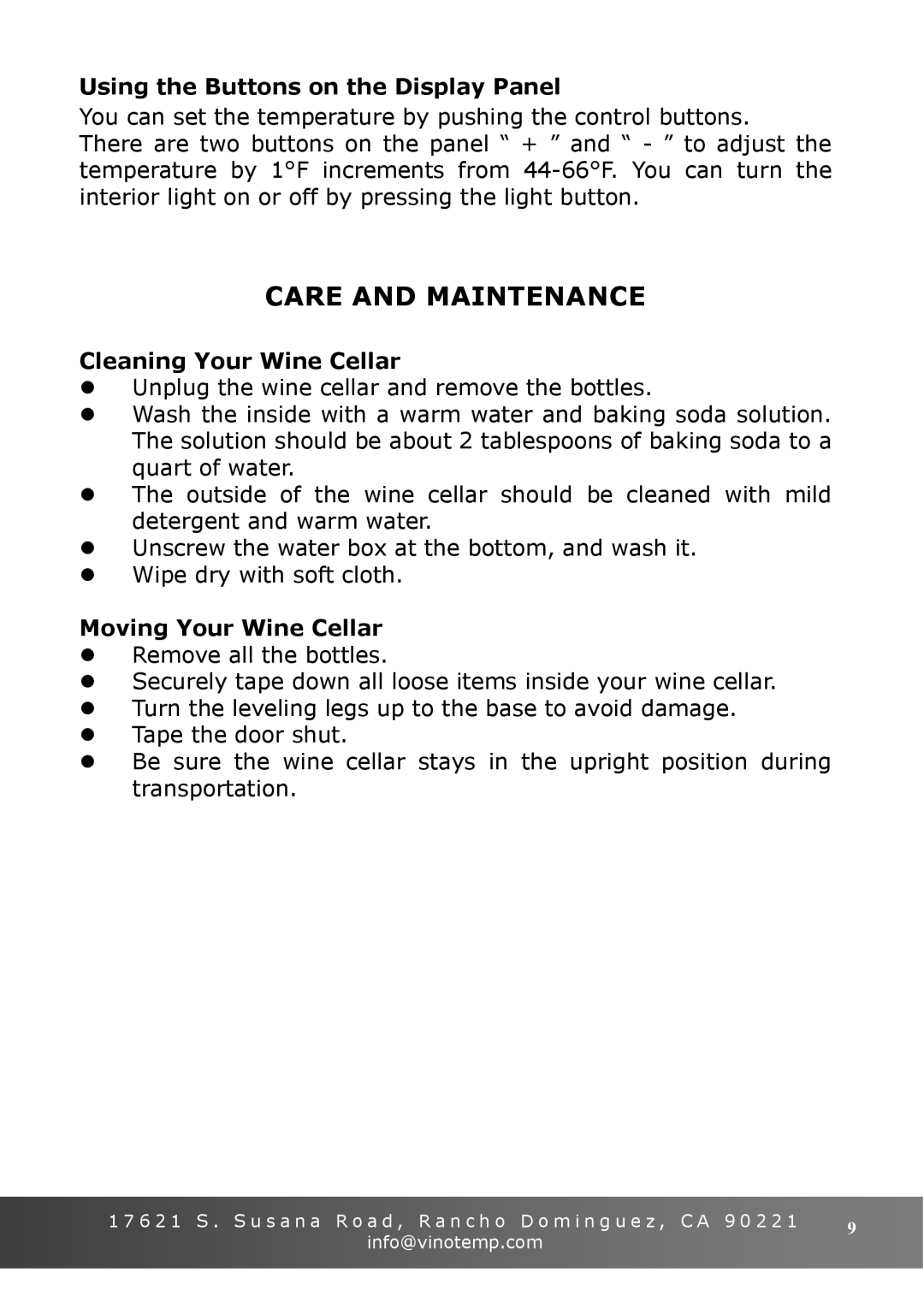 Vinotemp VT-6TEDS owner manual Care and Maintenance, Using the Buttons on the Display Panel 