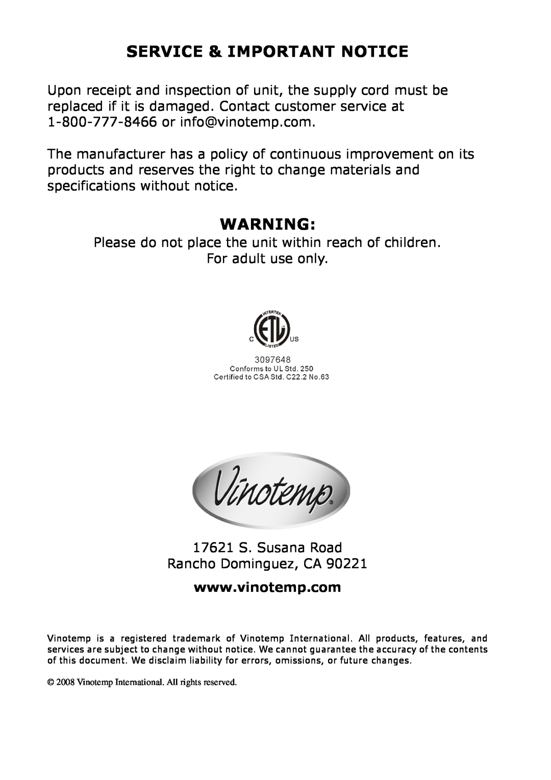 Vinotemp VT-6TEDS owner manual Service & Important Notice 