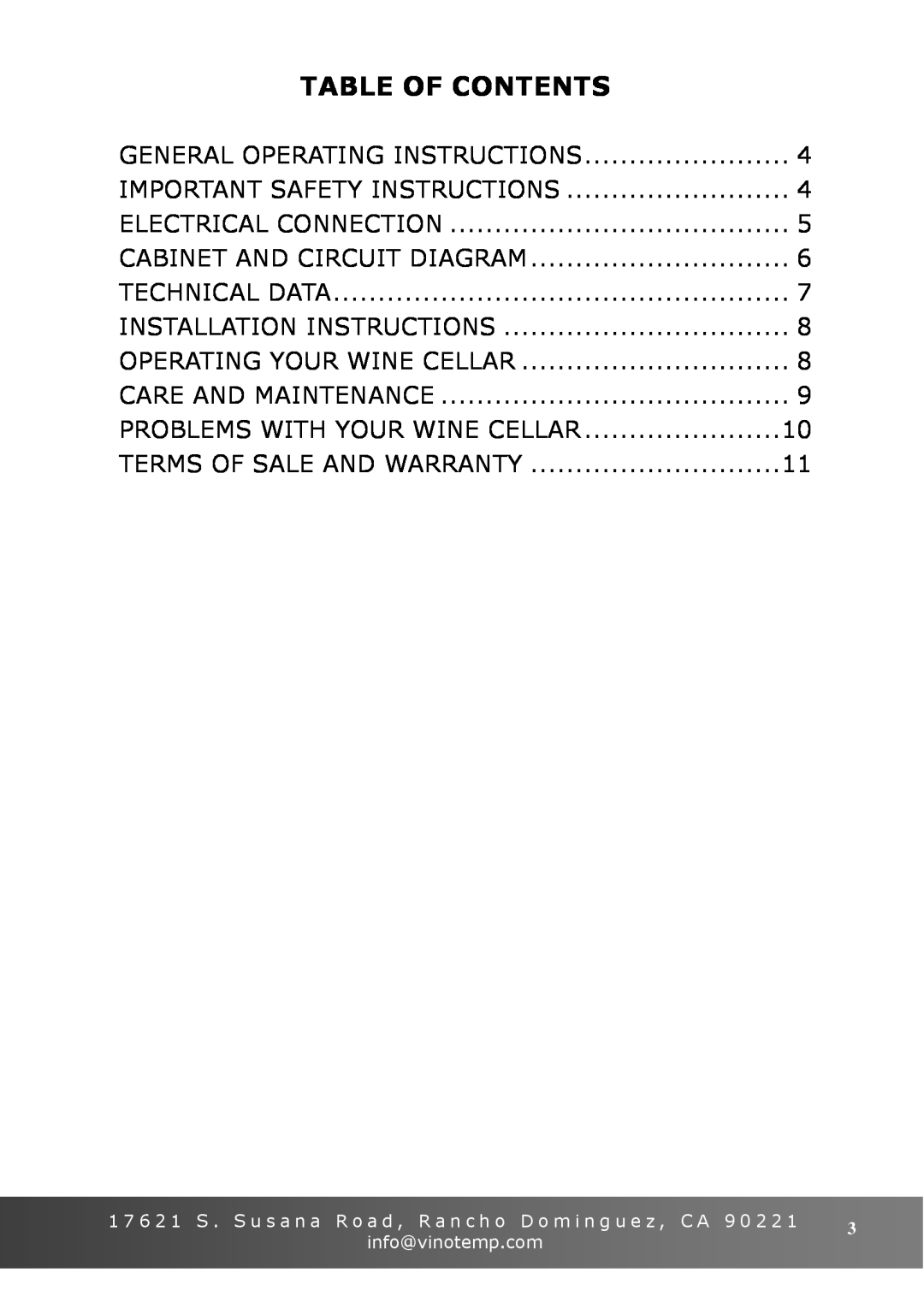 Vinotemp VT-6TEDS owner manual Table Of Contents 