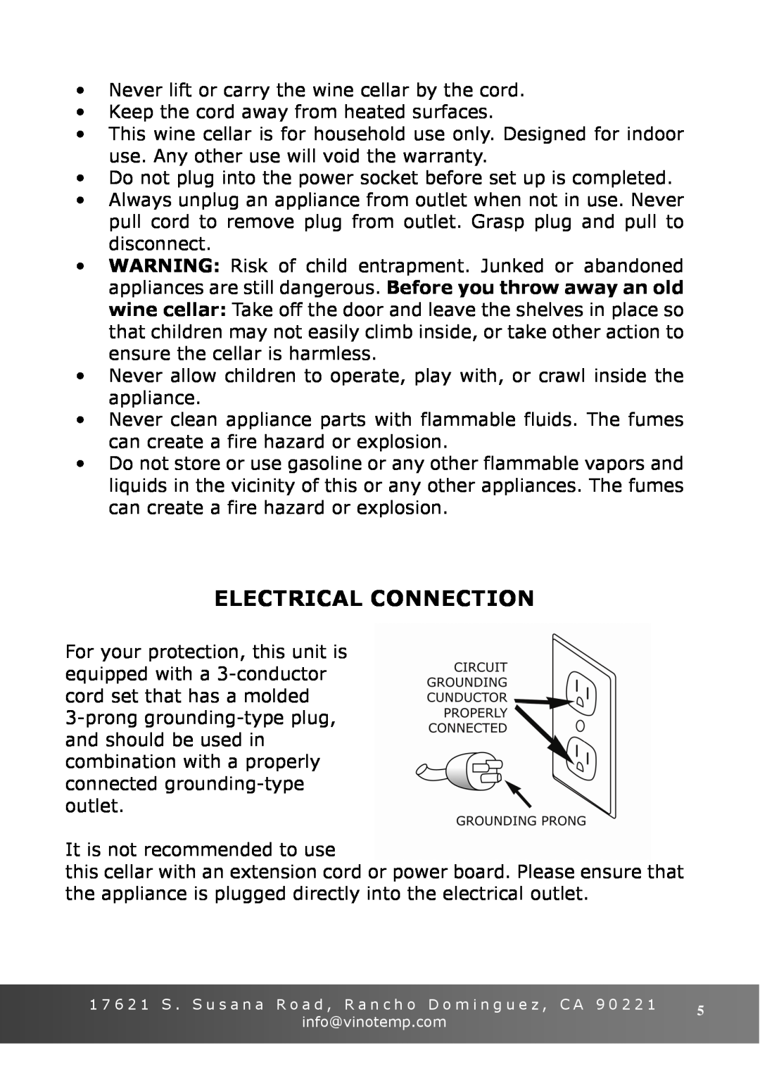 Vinotemp VT-6TEDS owner manual Electrical Connection 