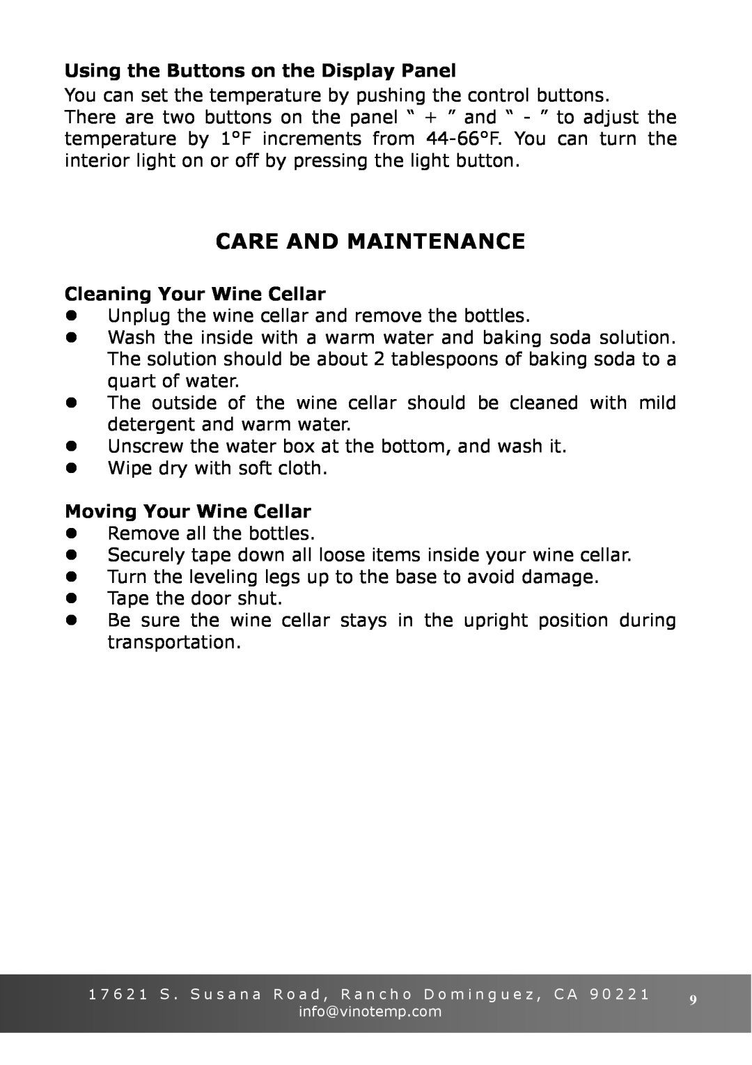 Vinotemp VT-6TEDS owner manual Care And Maintenance, Using the Buttons on the Display Panel, Cleaning Your Wine Cellar 