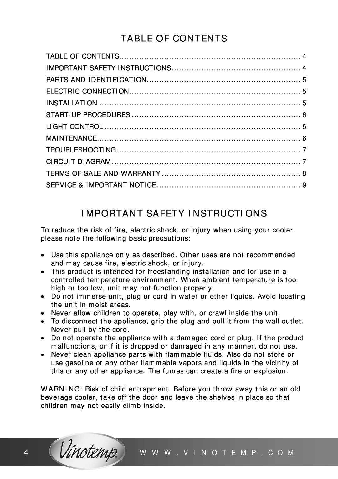 Vinotemp VT-BC-1 manual Table Of Contents, Important Safety Instructions, W W W . V I N O T E M P . C O M 