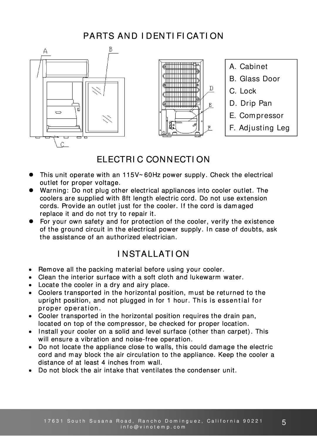 Vinotemp VT-BC-1 Parts And Identification, Electric Connection, Installation, A. Cabinet B. Glass Door C. Lock D. Drip Pan 