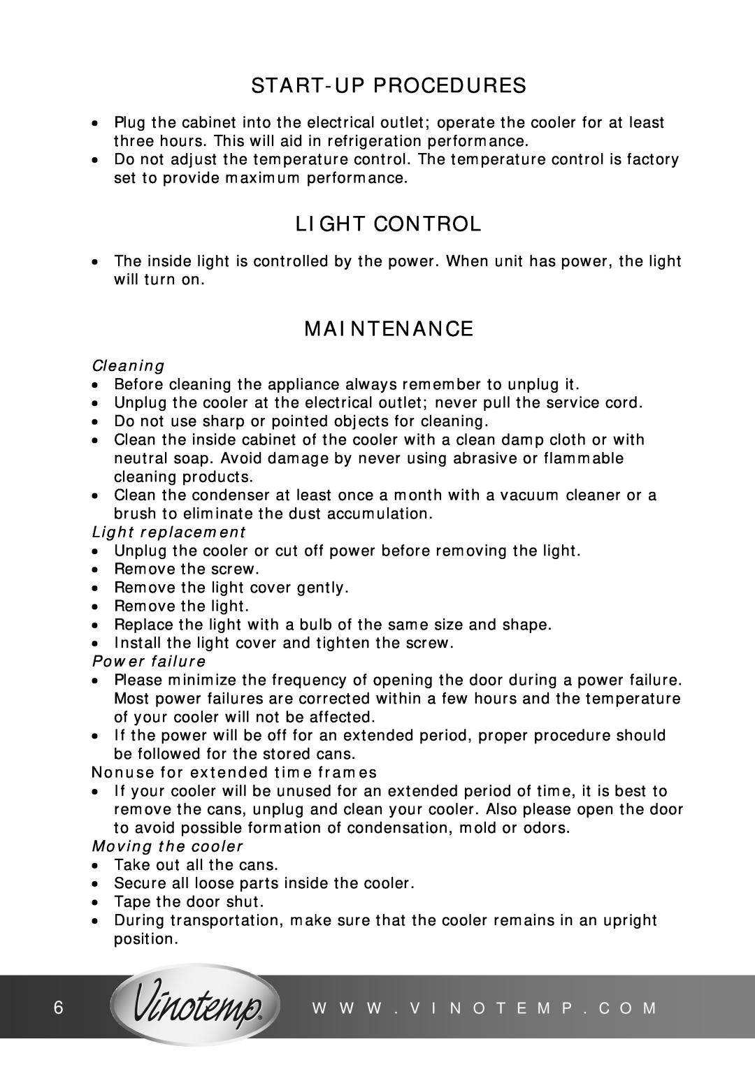 Vinotemp VT-BC-1 manual Start-Upprocedures, Light Control, Maintenance, Cleaning, Light replacement, Power failure 