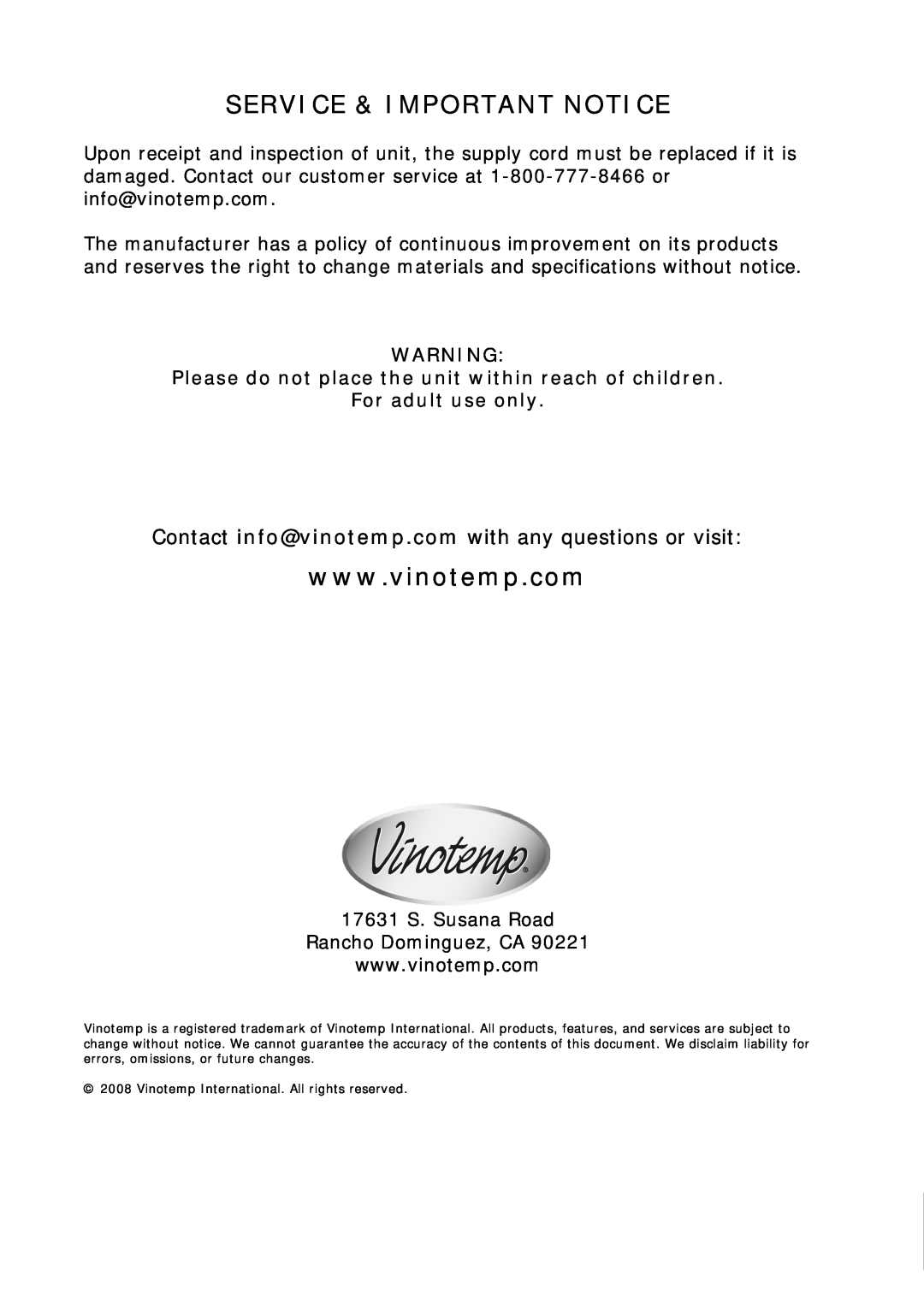 Vinotemp VT-BC-1 manual Service & Important Notice, For adult use only 