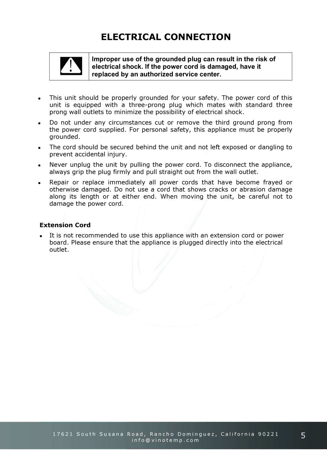 Vinotemp VT-ODSBREF owner manual Electrical Connection, Extension Cord 