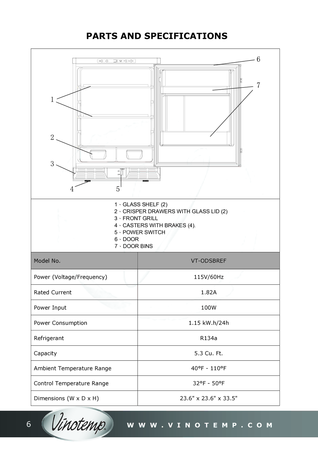 Vinotemp VT-ODSBREF owner manual Parts and Specifications, Vt-Odsbref 