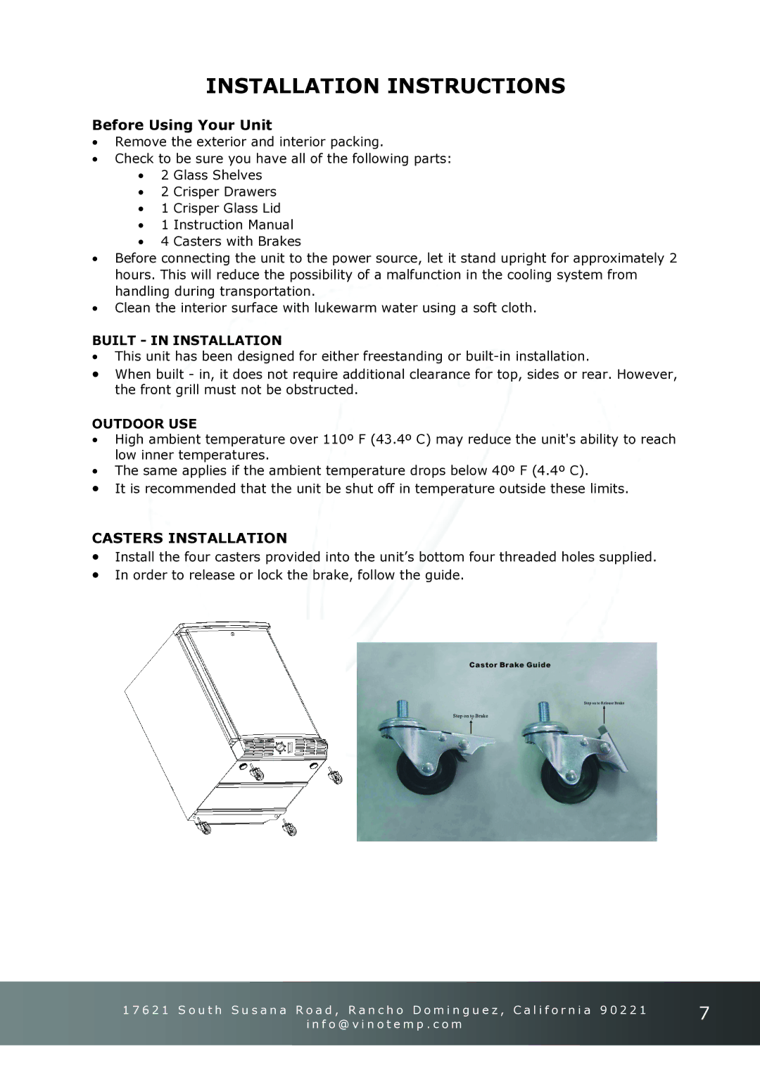 Vinotemp VT-ODSBREF owner manual Installation Instructions, Before Using Your Unit 