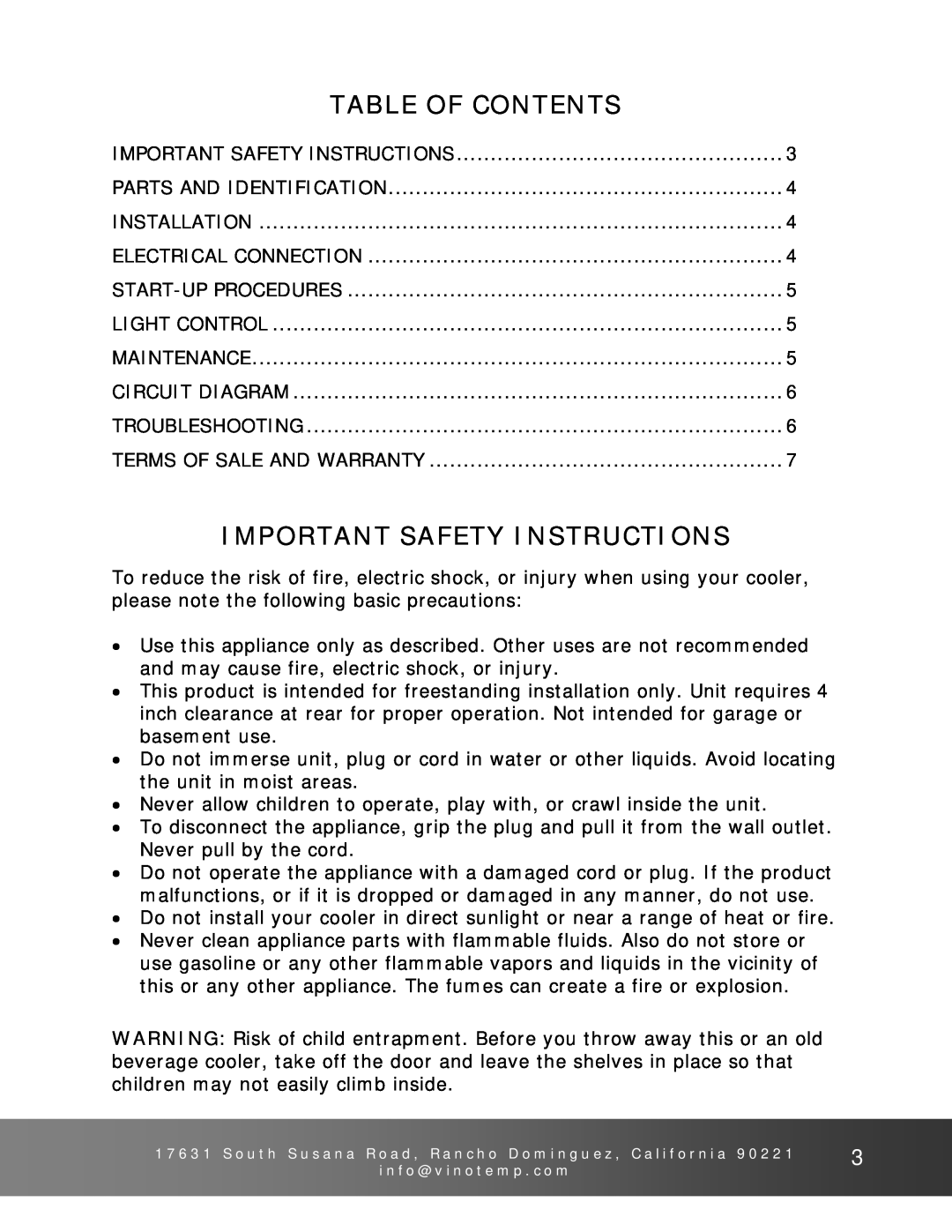 Vinotemp VT-SC-1 owner manual Table Of Contents, Important Safety Instructions 