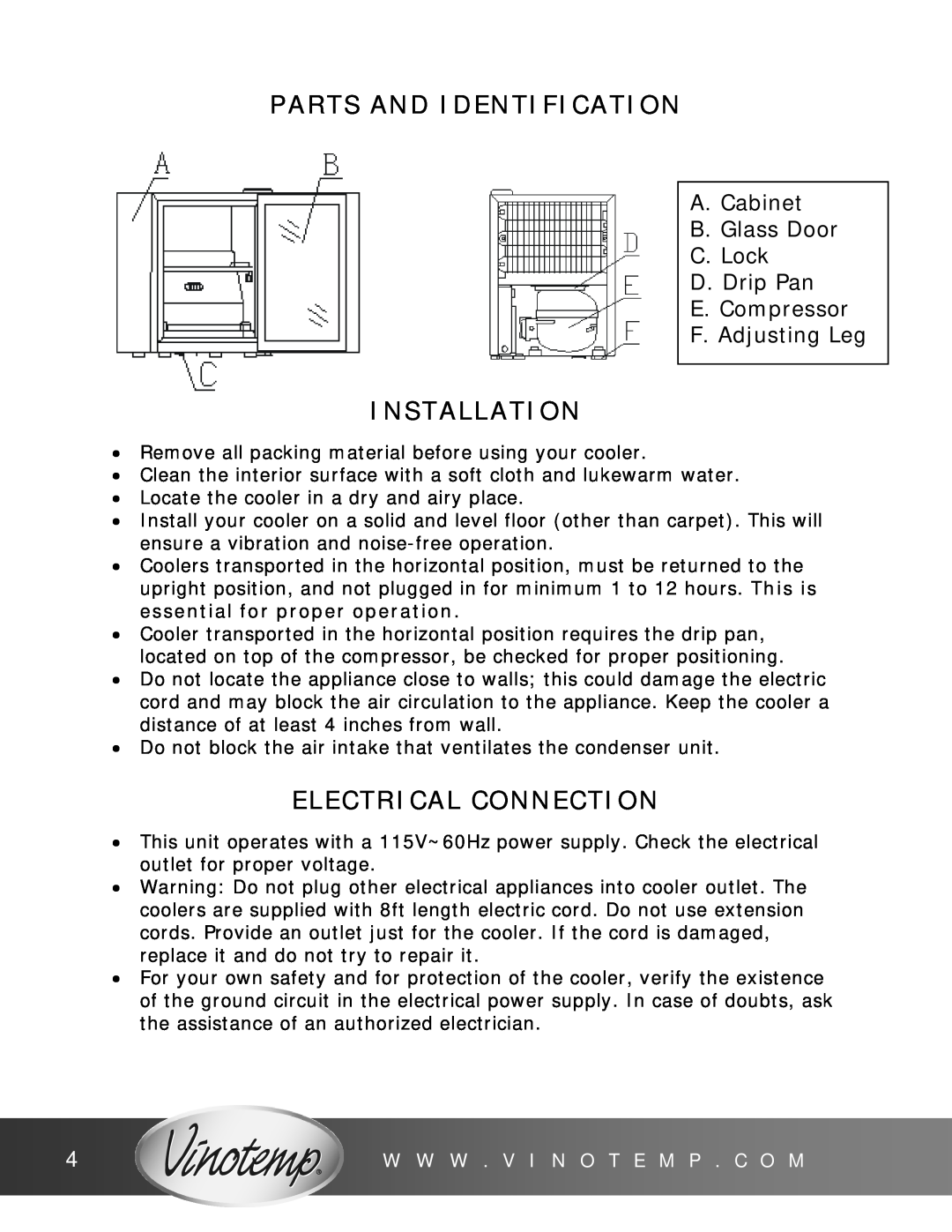 Vinotemp VT-SC-1 owner manual Parts And Identification, Installation, Electrical Connection, F. Adjusting Leg 