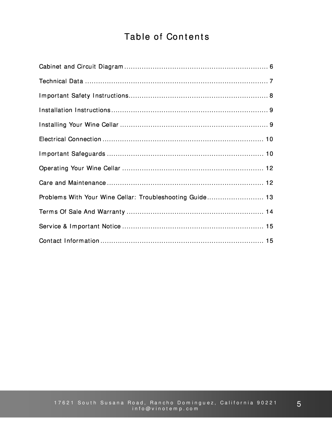 Vinotemp VT12TEDS2Z owner manual Table of Contents 