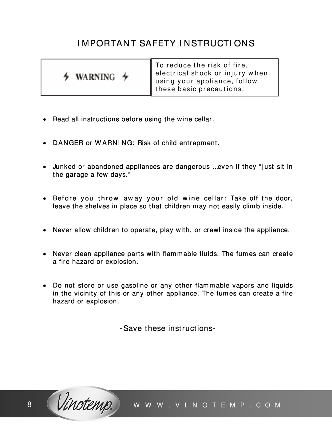 Vinotemp VT12TEDS2Z owner manual Important Safety Instructions, Save these instructions, W W W . V I N O T E M P . C O M 