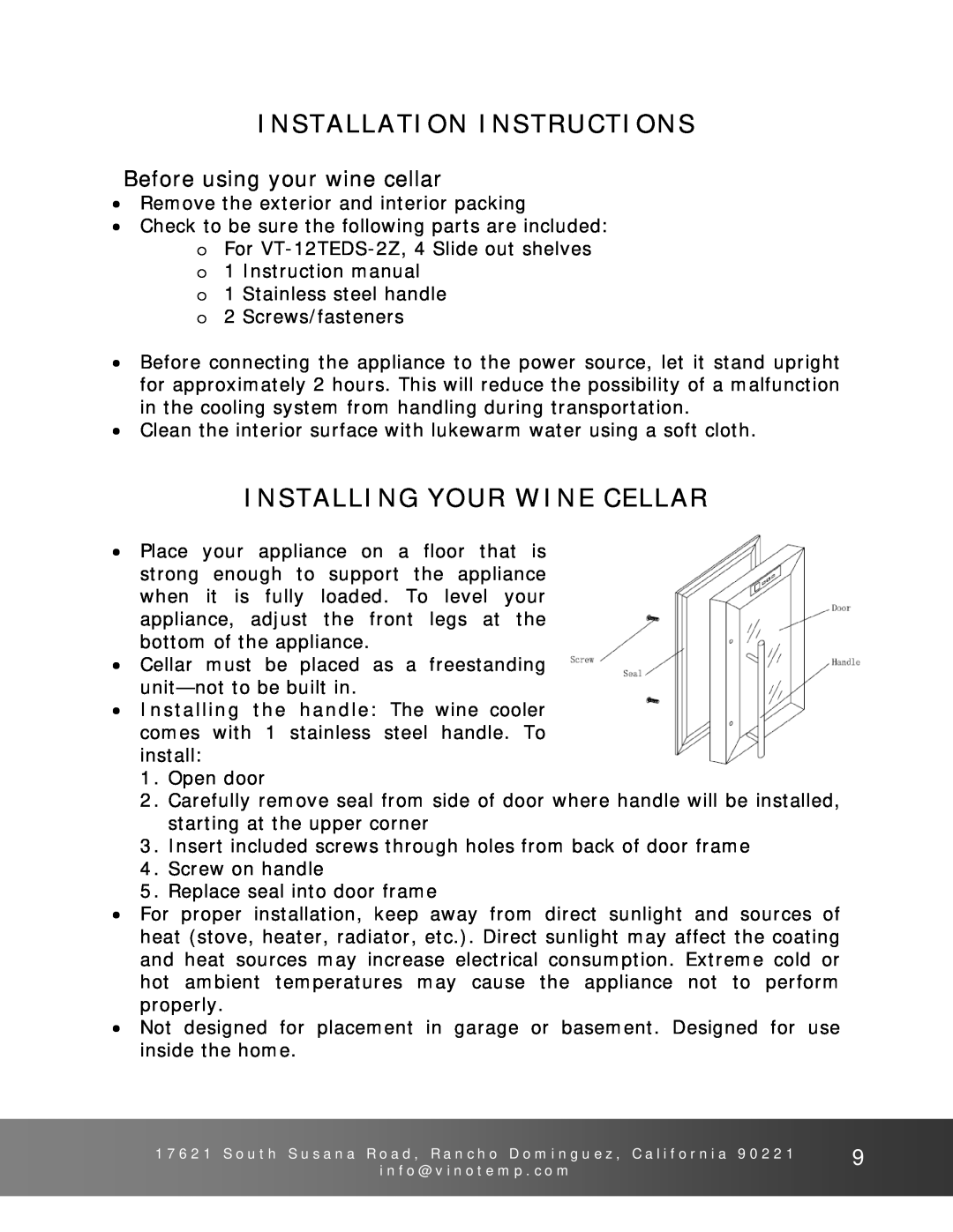 Vinotemp VT12TEDS2Z owner manual Installation Instructions, Installing Your Wine Cellar, Before using your wine cellar 