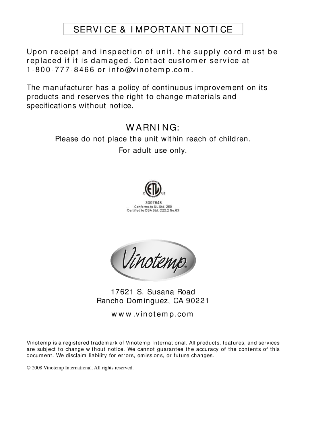 Vinotemp VT48TEDS2Z owner manual Service & Important Notice 