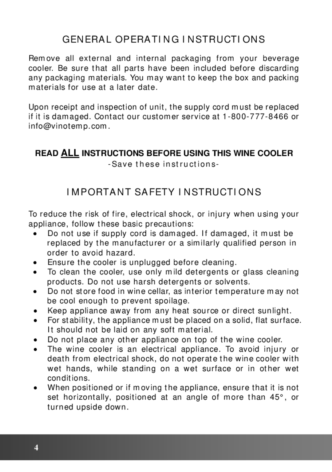 Vinotemp VT48TEDS2Z owner manual General Operating Instructions, Important Safety Instructions 