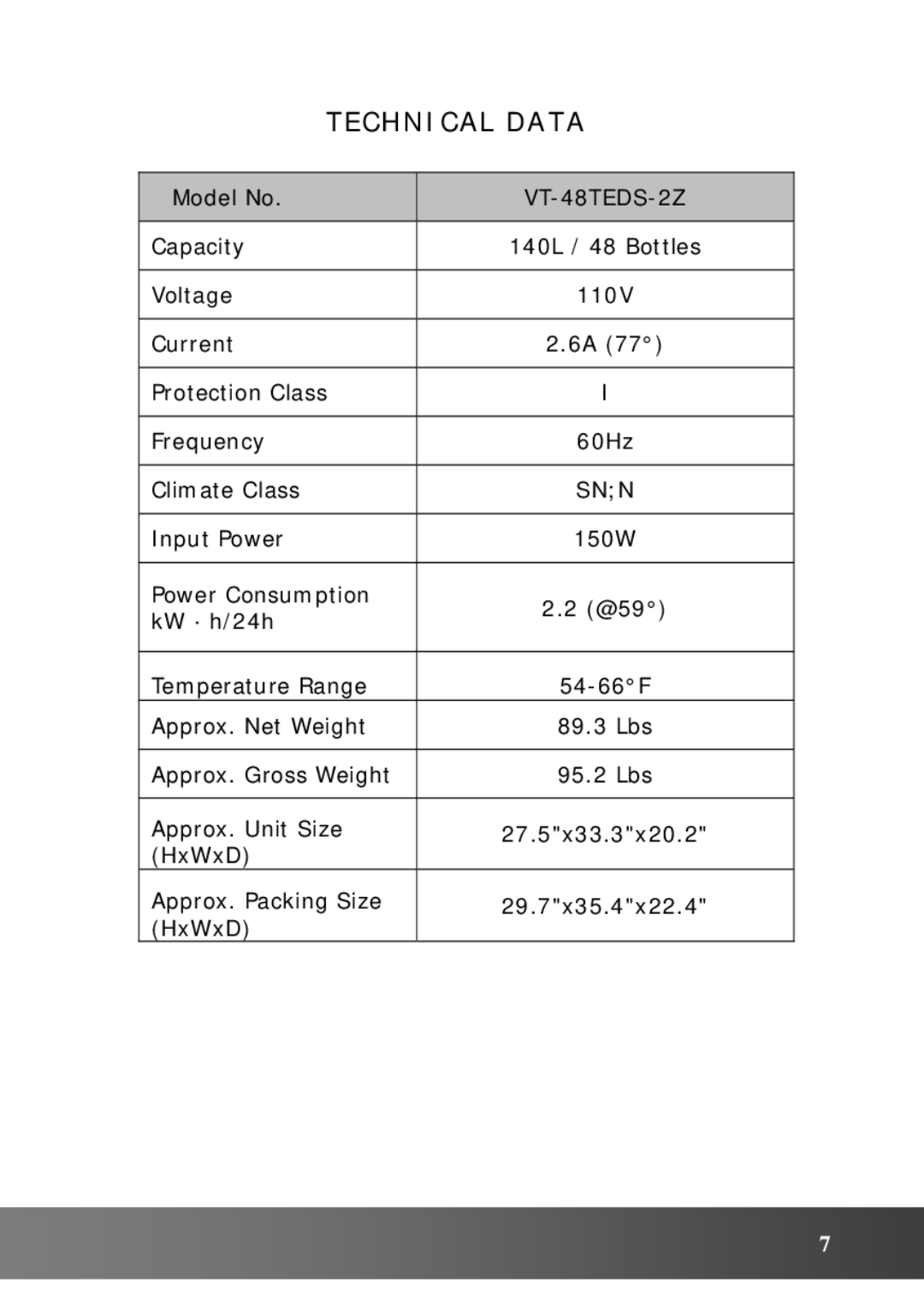 Vinotemp VT48TEDS2Z owner manual Technical Data, VT-48TEDS-2Z 