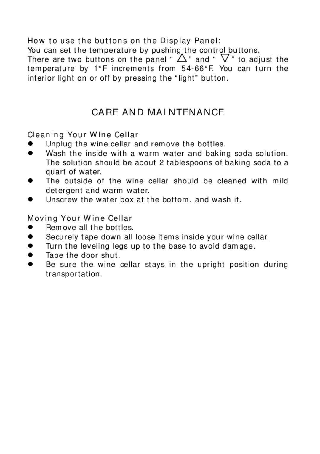 Vinotemp VT48TEDS2Z owner manual Care and Maintenance, How to use the buttons on the Display Panel 