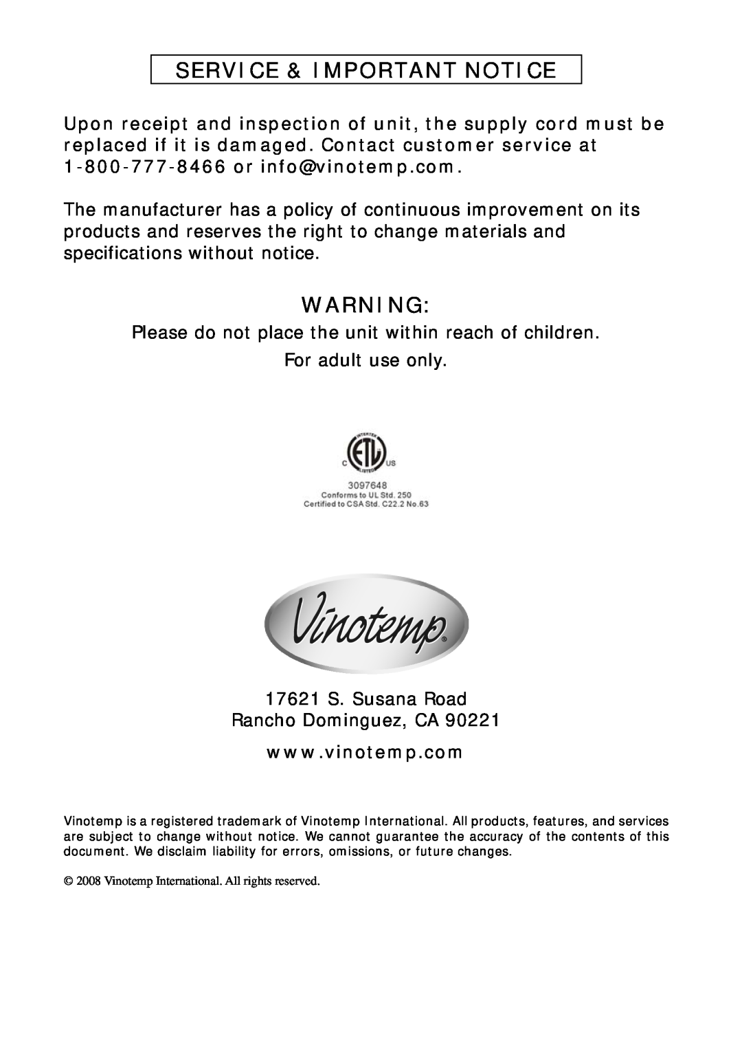 Vinotemp VT48TEDS2Z owner manual Service & Important Notice 