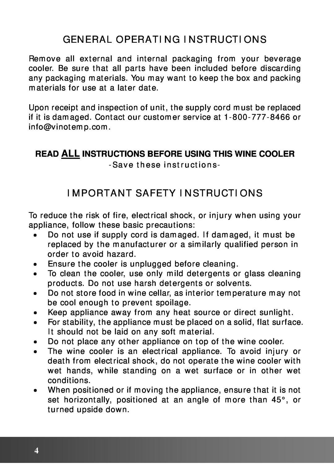 Vinotemp VT48TEDS2Z owner manual General Operating Instructions, Important Safety Instructions, Savethese instructions 
