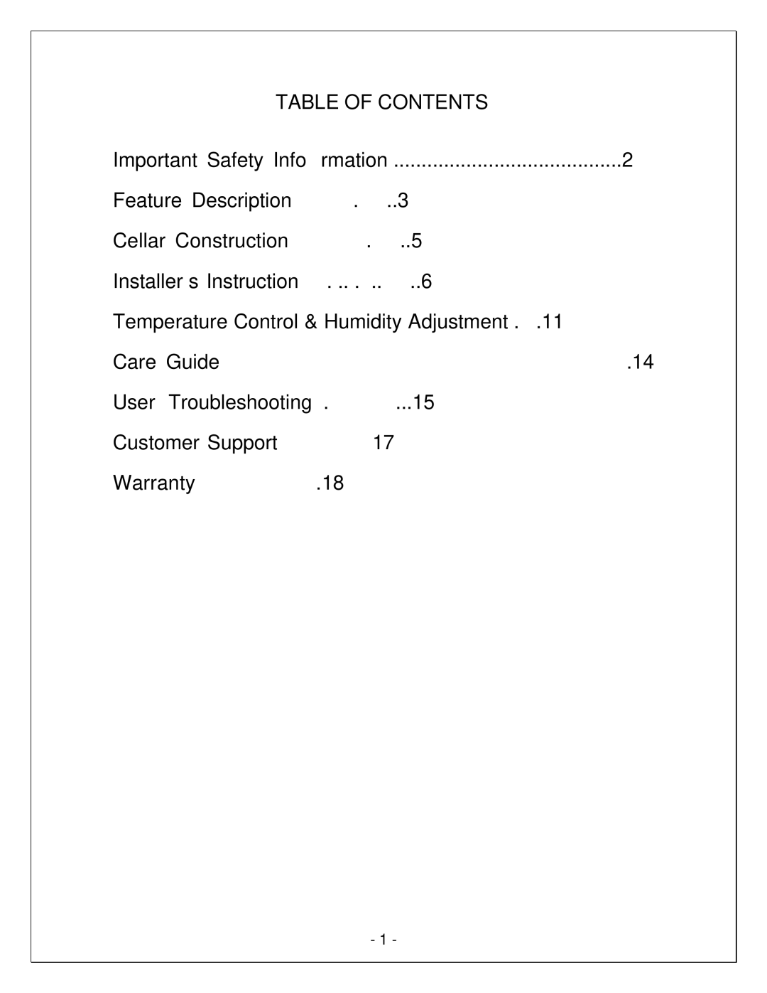 Vinotemp VINO-2500SSW, WM-25SFCW, WM-15SFCW, VINO-1500SSW manual Table of Contents 