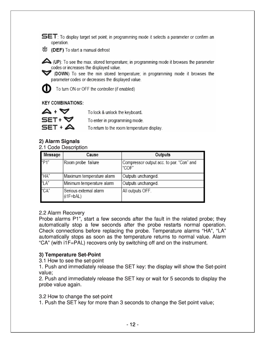 Vinotemp WM-15SFCW, WM-25SFCW manual Alarm Signals 2.1 Code Description 2.2 Alarm Recovery, How to change the set-point 