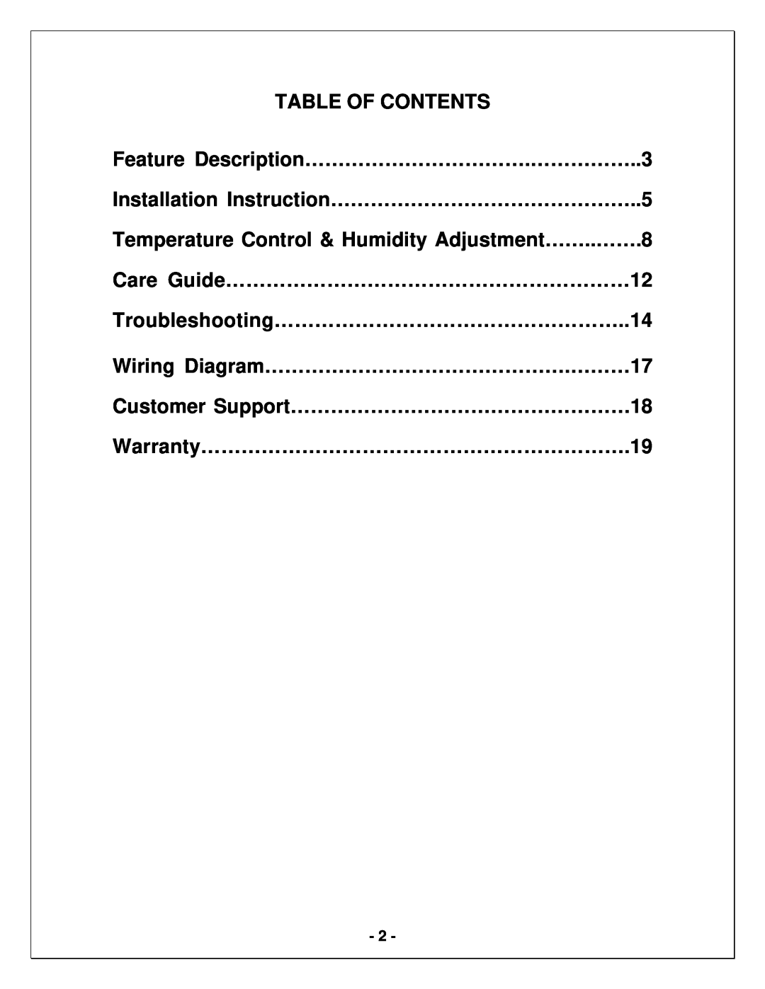 Vinotemp WM1500 HTD-TE manual Table Of Contents, Feature Description…………………………….……………..3, Care Guide……………………………………………………12 
