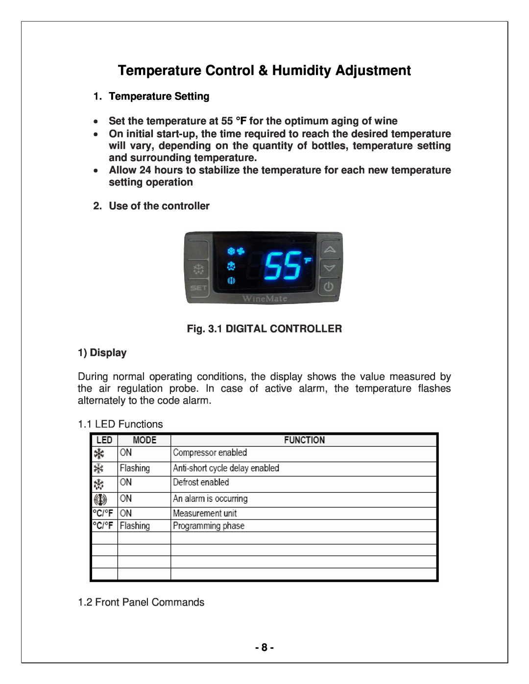 Vinotemp WM1500 HTD-TE, WM2500 HTD-TE manual Temperature Control & Humidity Adjustment, Temperature Setting 