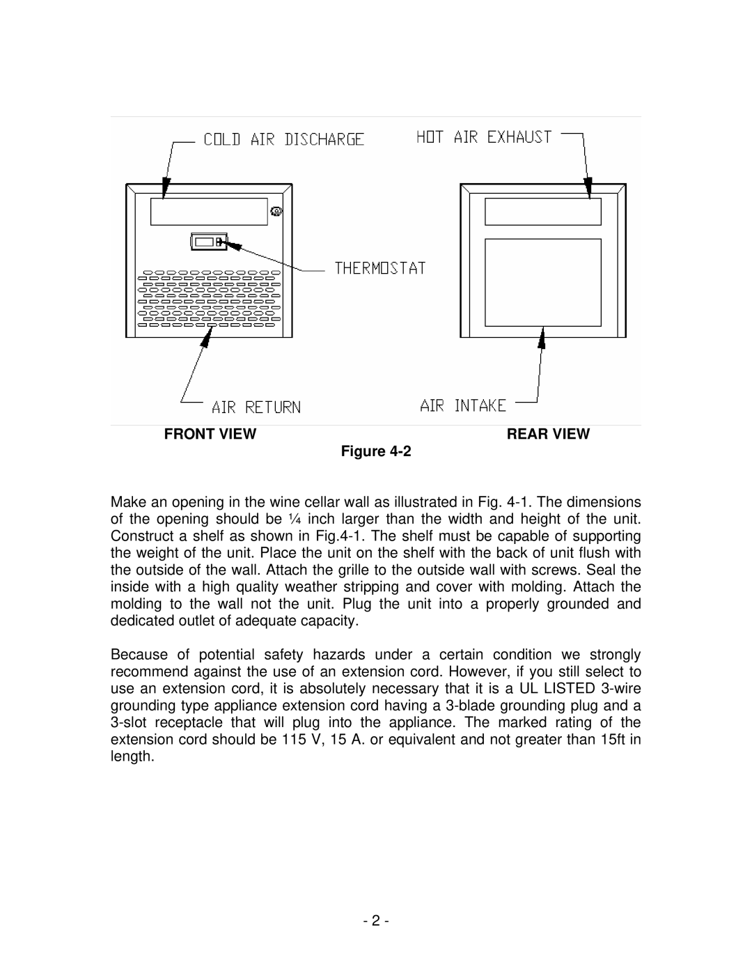 Vinotemp WM1500HZD installation instructions Front View Rear View 