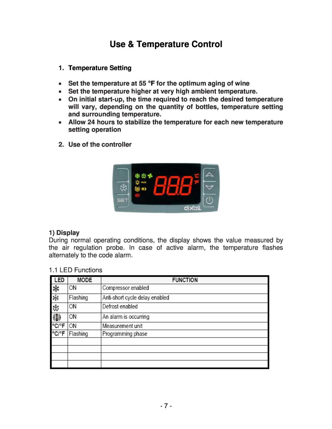 Vinotemp WM2500 SSW, WM1500 SSW manual Use & Temperature Control, Temperature Setting 