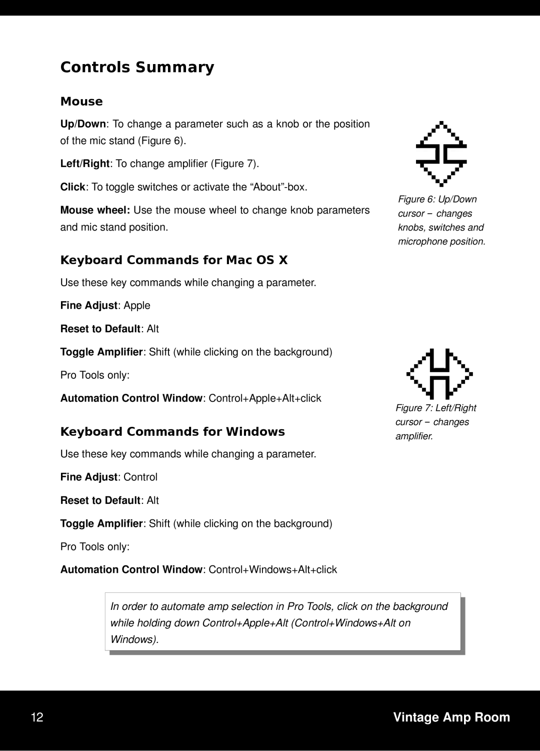 Vintage TDM/RTAS manual Controls Summary, Mouse, Keyboard Commands for Mac OS, Keyboard Commands for Windows 