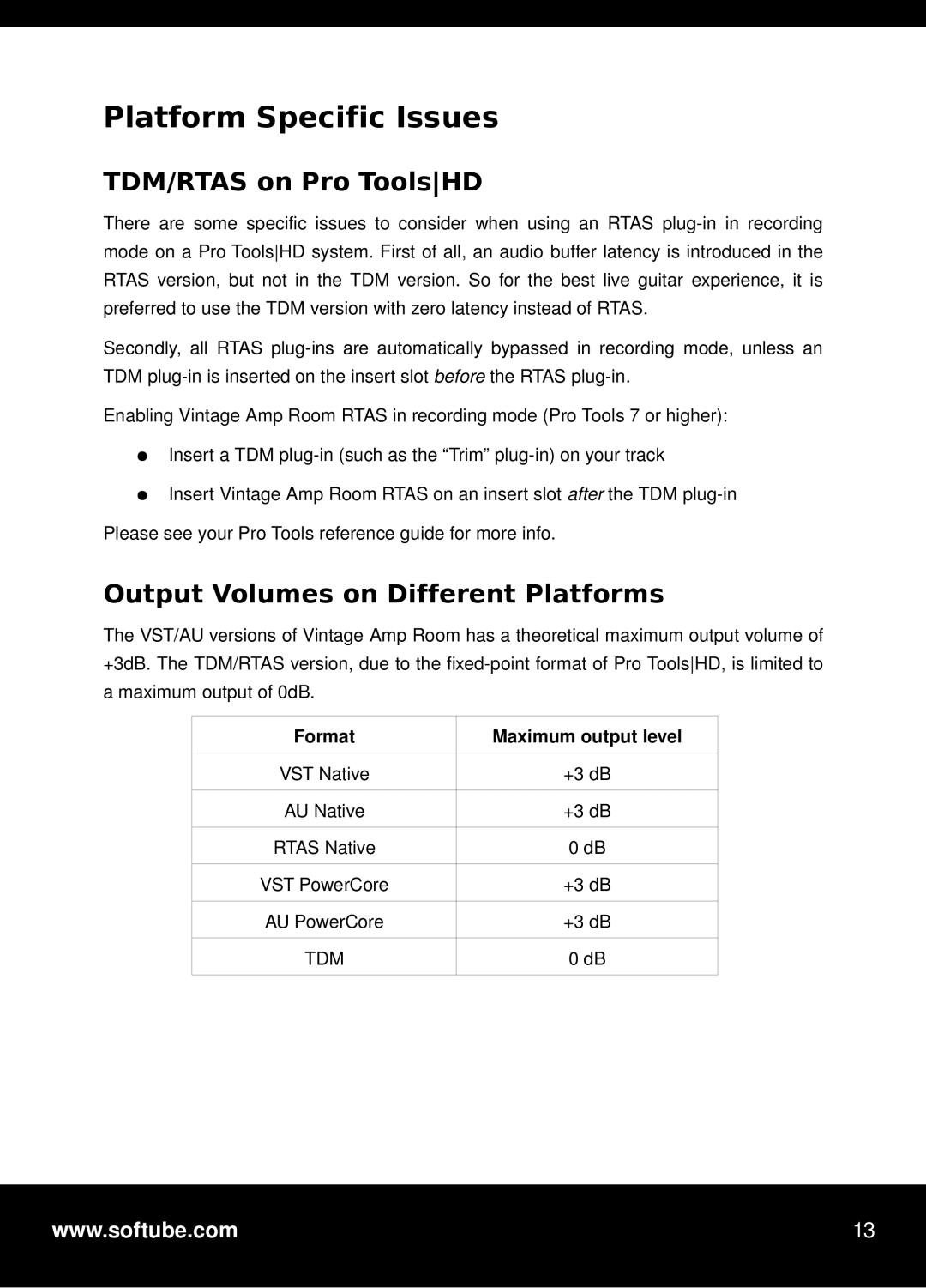 Vintage manual Platform Specific Issues, TDM/RTAS on Pro ToolsHD, Output Volumes on Different Platforms 