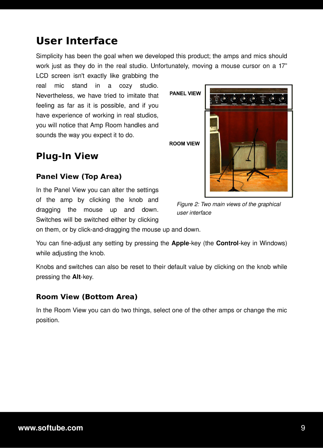 Vintage TDM/RTAS manual User Interface, Plug-In View, Panel View Top Area, Room View Bottom Area 