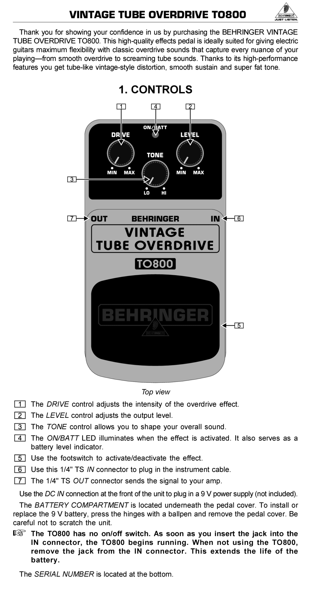 Vintage manual Vintage Tube Overdrive TO800, Controls, Top view 