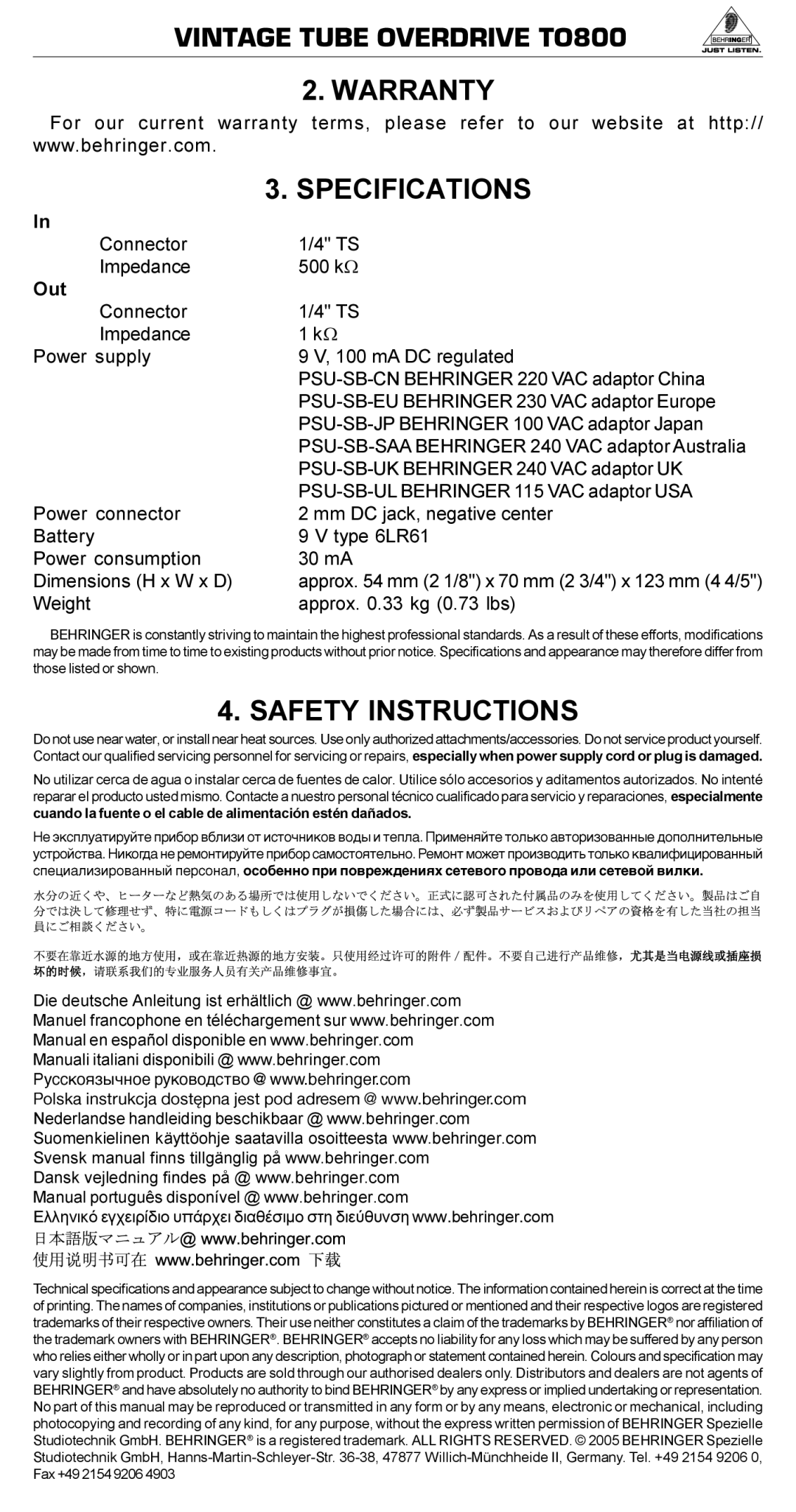 Vintage TO800 manual Warranty Specifications, Safety Instructions, Weight Approx .33 kg 0.73 lbs 