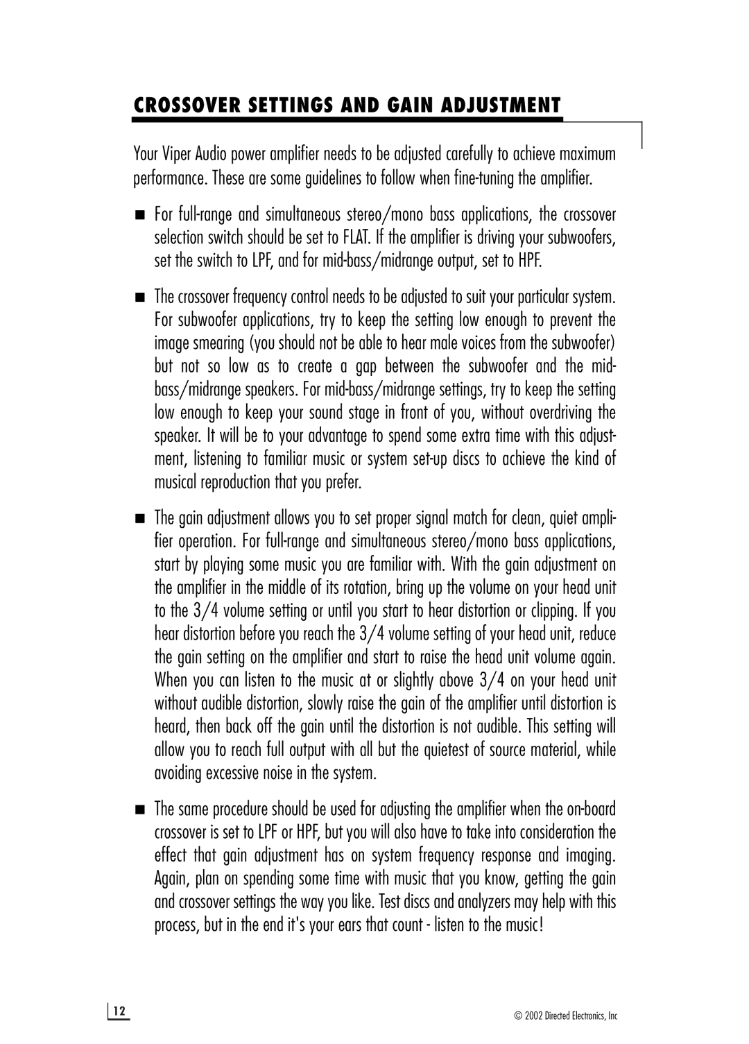 Viper 150.2 manual Crossover Settings and Gain Adjustment 