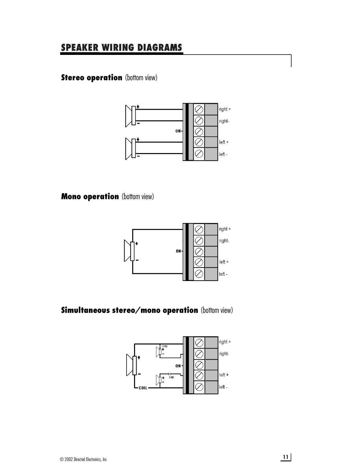 Viper 150.2 manual Speaker Wiring Diagrams, Stereo operation bottom view Mono operation bottom view 