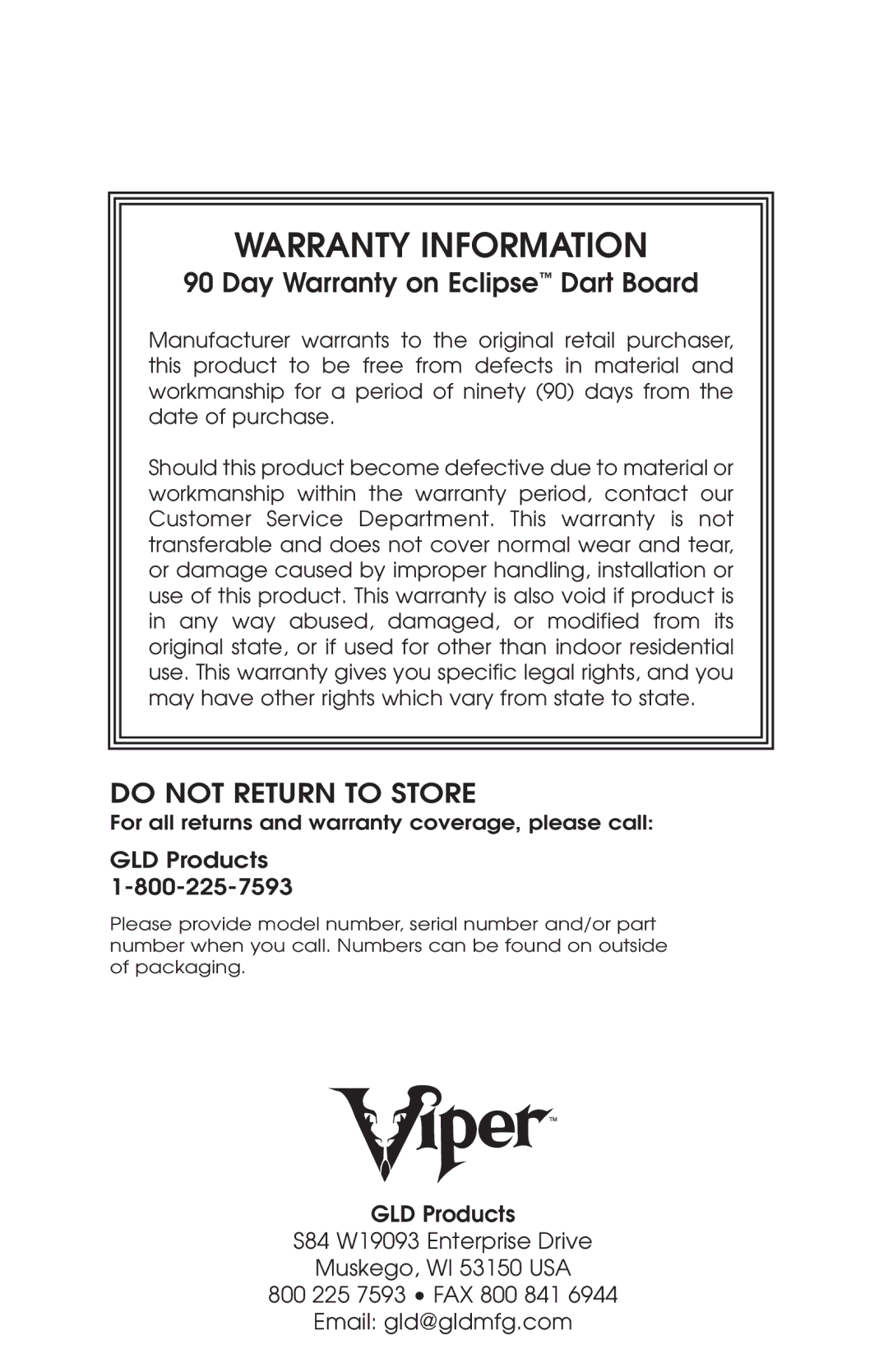 Viper 42-1003 manual Warranty Information 