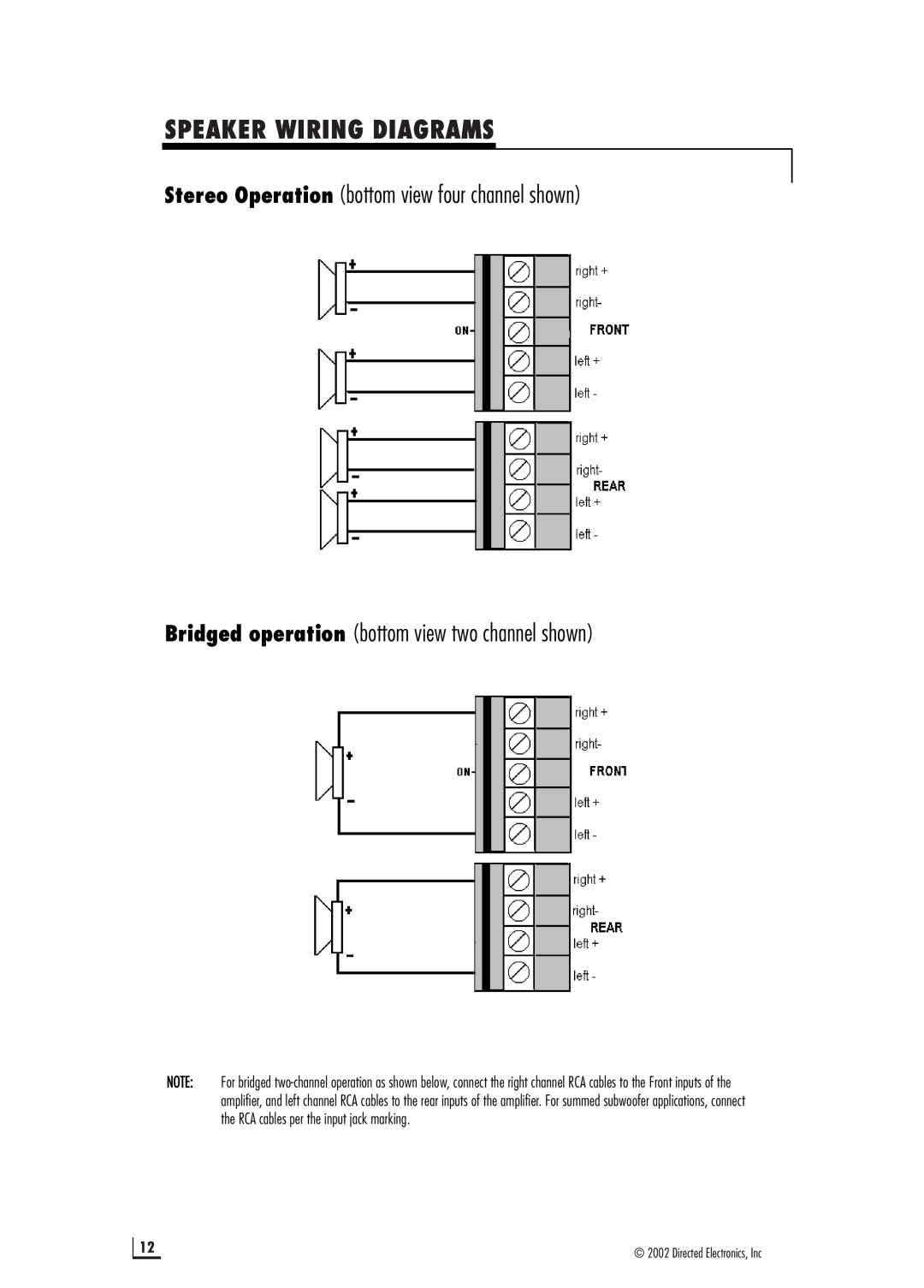 Viper 500.4 manual Speaker Wiring Diagrams, Stereo Operation bottom view four channel shown 