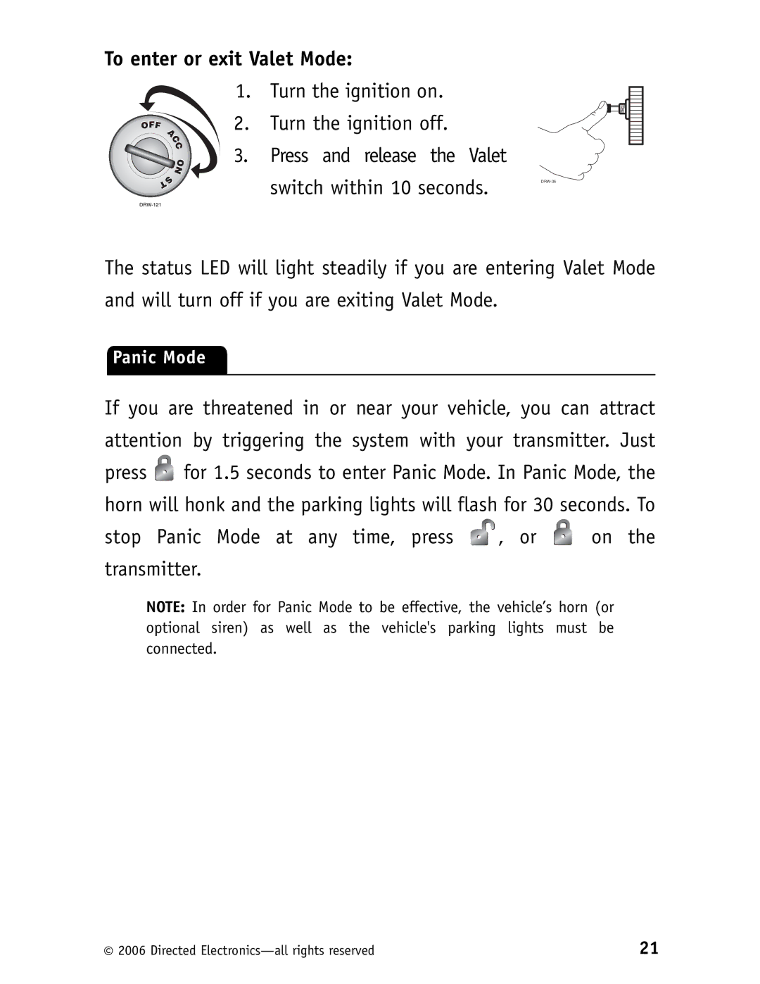 Viper 5500 manual To enter or exit Valet Mode, Panic Mode 