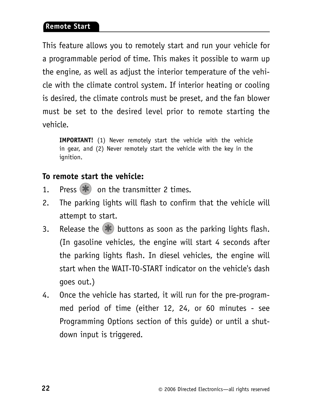 Viper 5500 manual To remote start the vehicle 