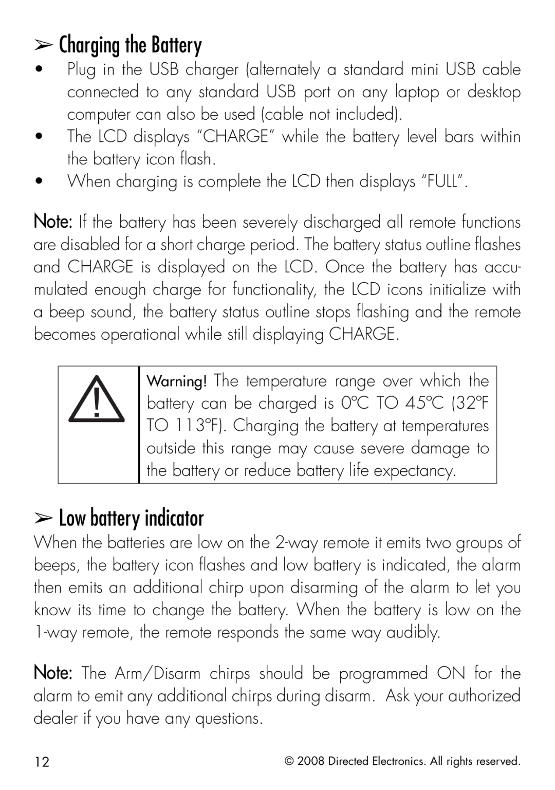 Viper 5901 manual Charging the Battery, Low battery indicator 