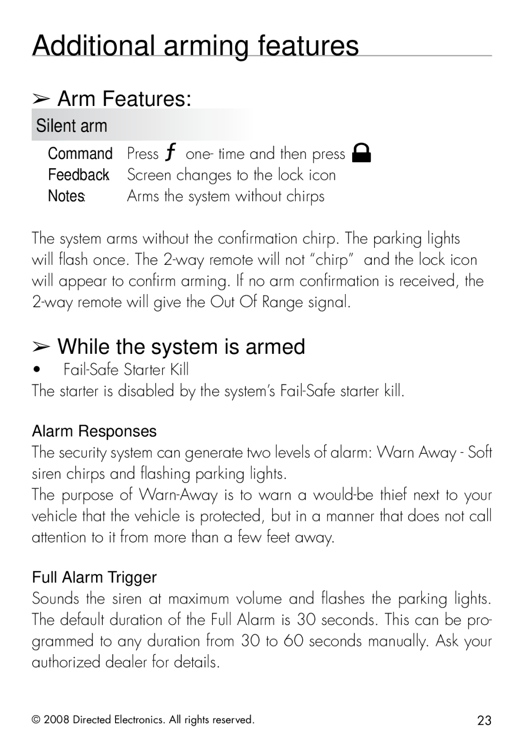 Viper 5901 manual Additional arming features, Arm Features, While the system is armed, Silent arm 