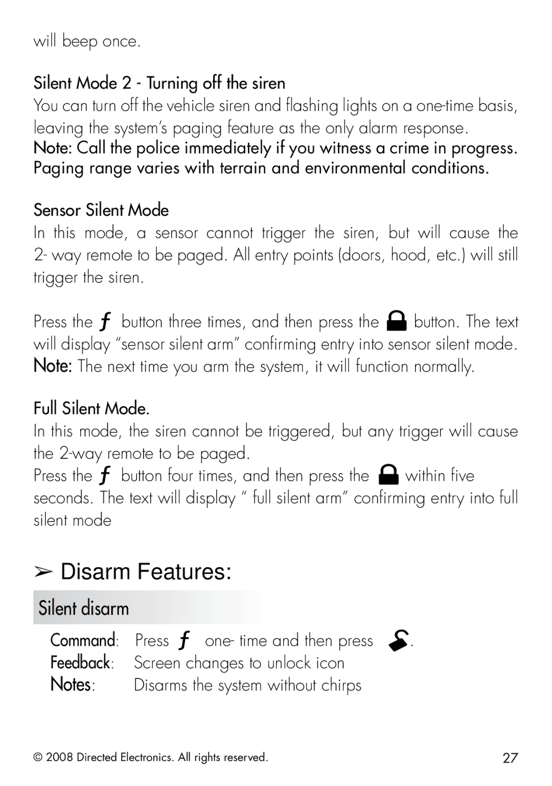 Viper 5901 manual Disarm Features, Silent disarm, Will beep once Silent Mode 2 Turning off the siren 