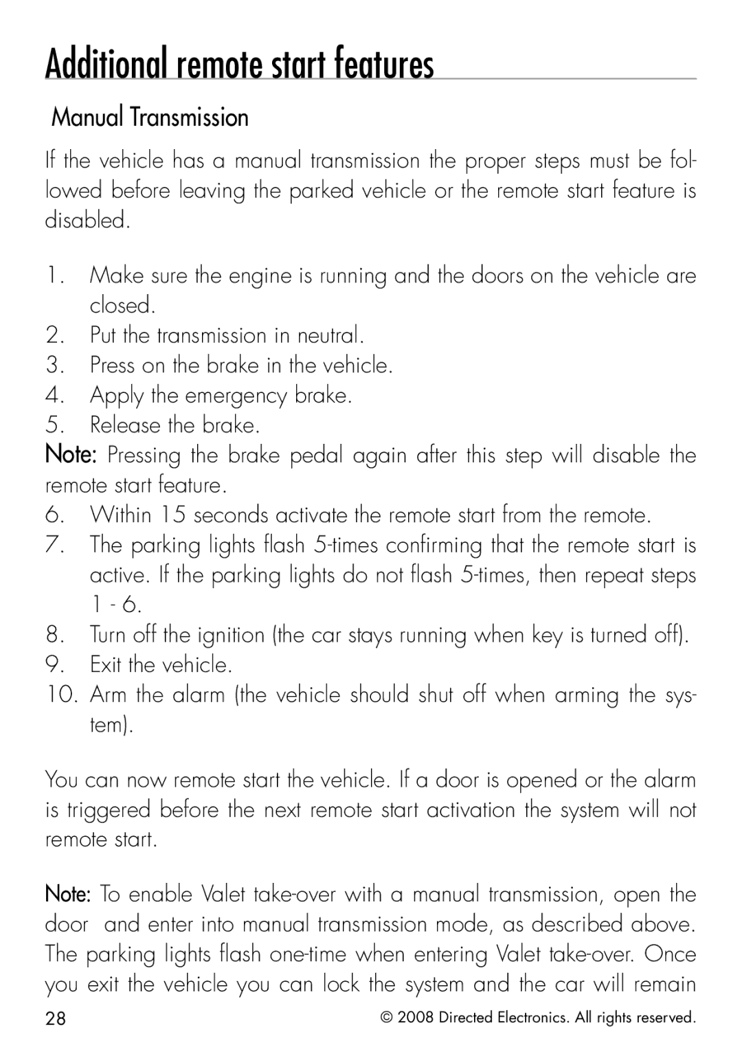 Viper 5901 manual Additional remote start features, Manual Transmission 