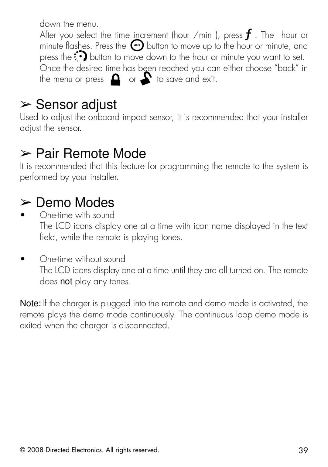 Viper 5901 manual Sensor adjust, Pair Remote Mode, Demo Modes 