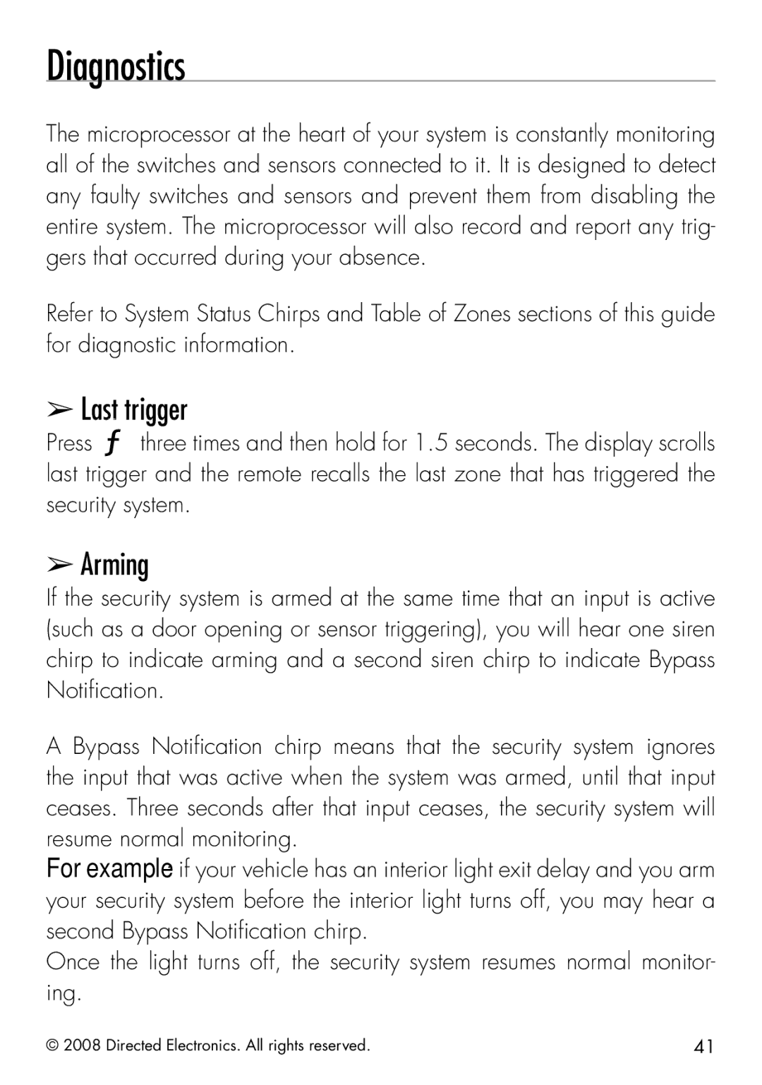 Viper 5901 manual Diagnostics, Last trigger, Arming 