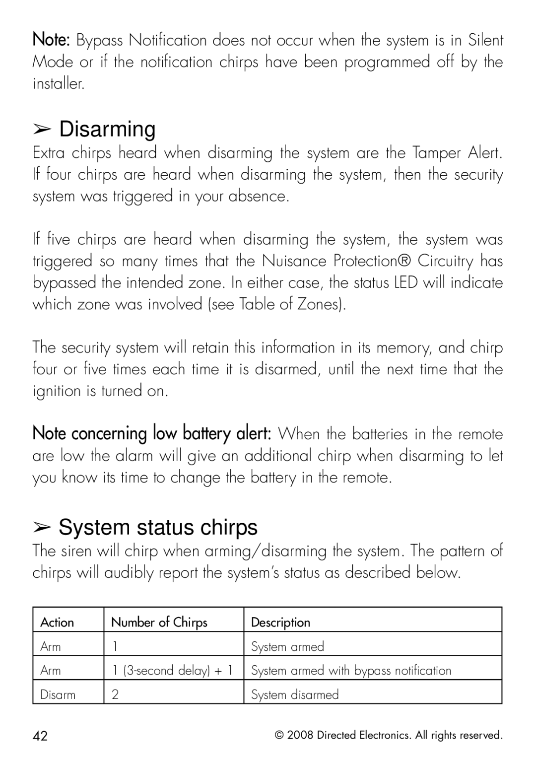 Viper 5901 manual Disarming, System status chirps 