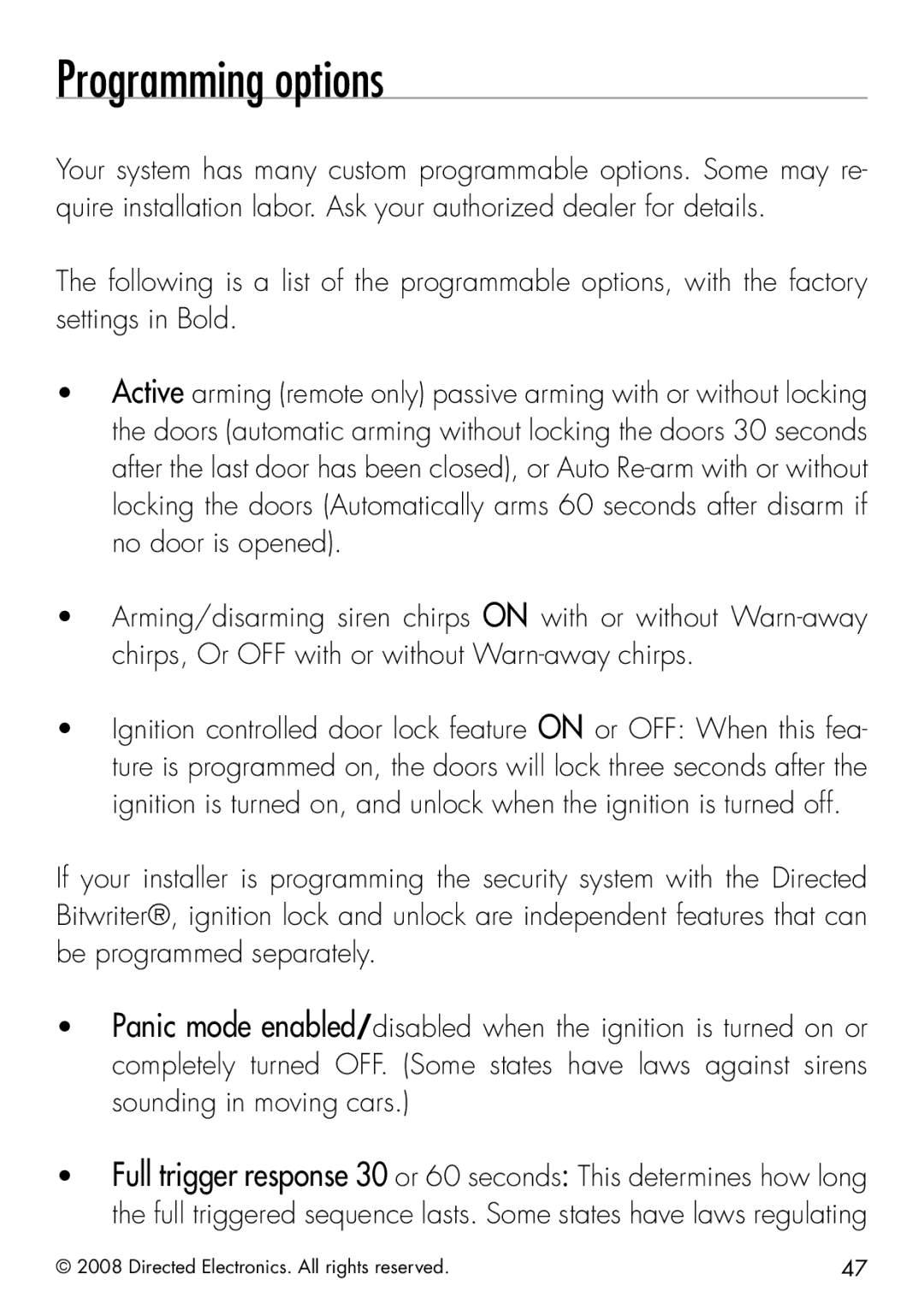 Viper 5901 manual Programming options 