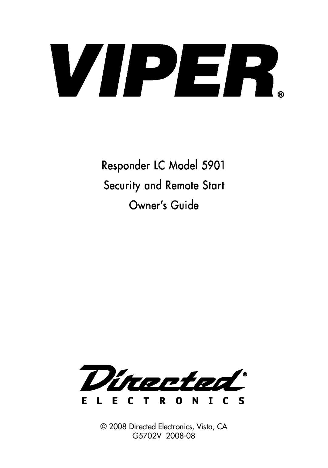 Viper 5901 manual Responder LC Model, Security and Remote Start Owner’s Guide, Directed Electronics, Vista, CA G5702V 