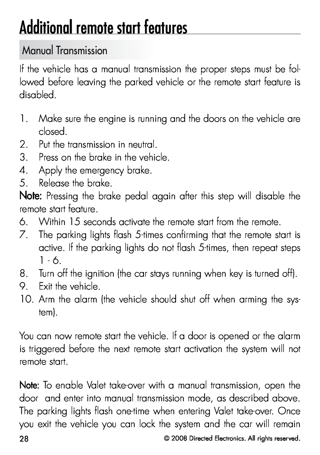 Viper 5901 manual Additional remote start features, Manual Transmission 